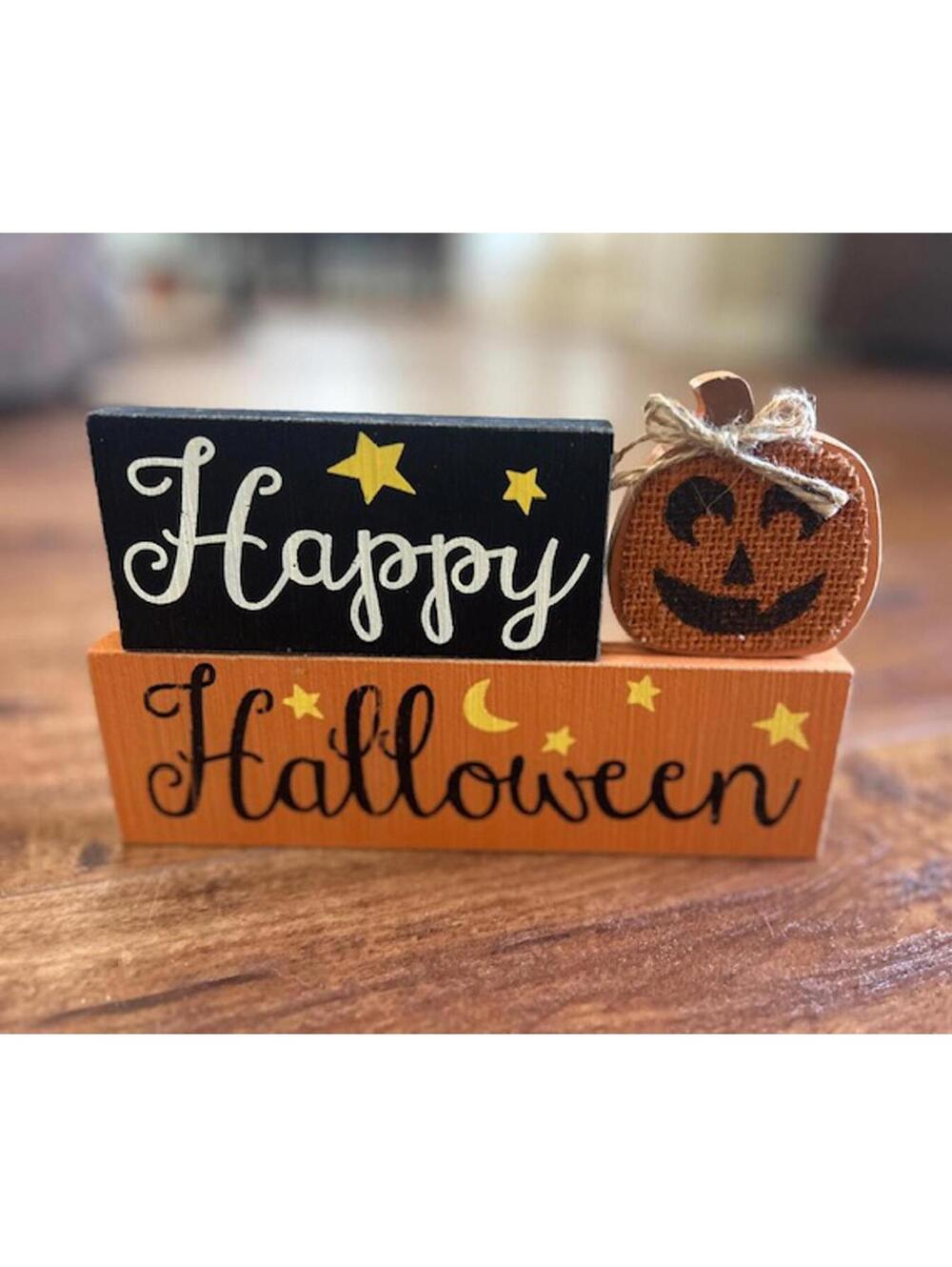 Happy Halloween Wooden Block Decoration with Pumpkin Accent